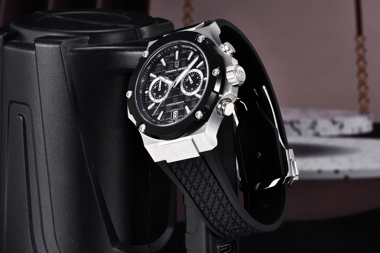 PAGANI DESIGN Men's Watches Luxury Rose Gold Sport Chronograph Japan VK64 Quartz Watch For Men Fluororubber Strap Wristwatch Men