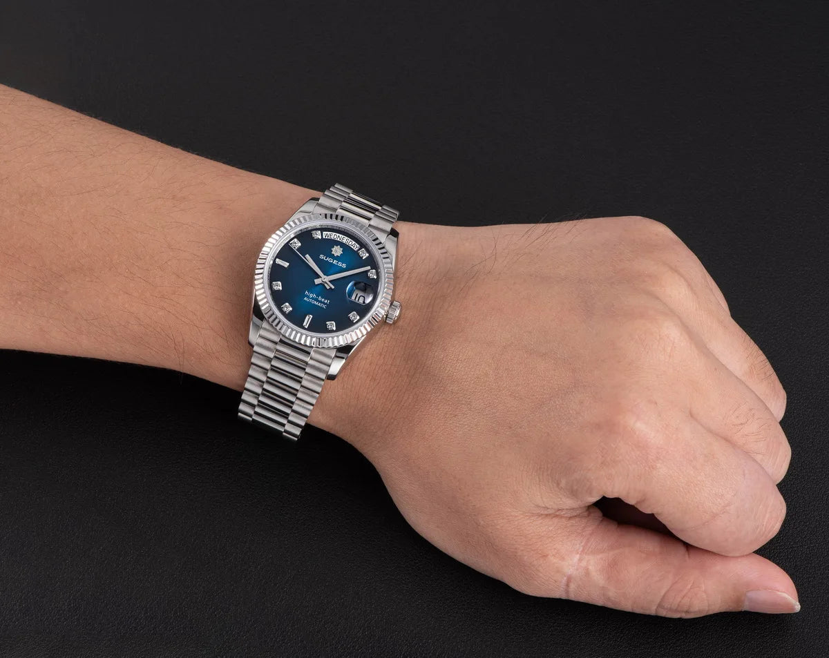 Sugess 36mm Mens of Watch Automatic Dandong Peacock SL3034 Day Movement Sapphire Glass 100m Waterproof Wristwatches MOP Date New