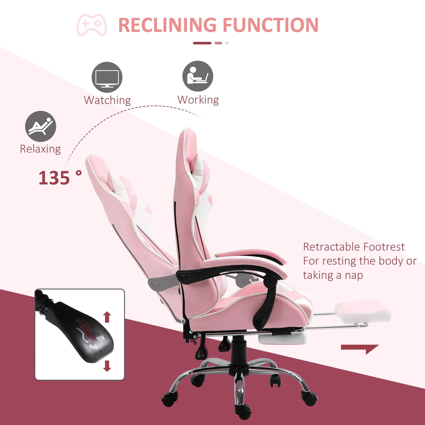 Pink White Gaming Chair Ergonomic Office Chair with Headrest, Lumbar Support, Adjustable Height, 360° Swivel Computer Chair