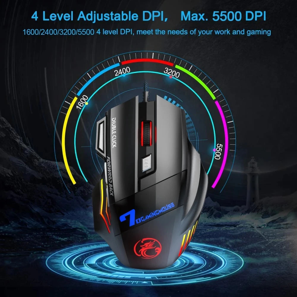 Trådbunden gamingmus för gamer, datormus med RGB-bakbelysning, ergonomisk och tyst mus med LED-belysning, 7 knappar, USB-mus för PC och stationär dator