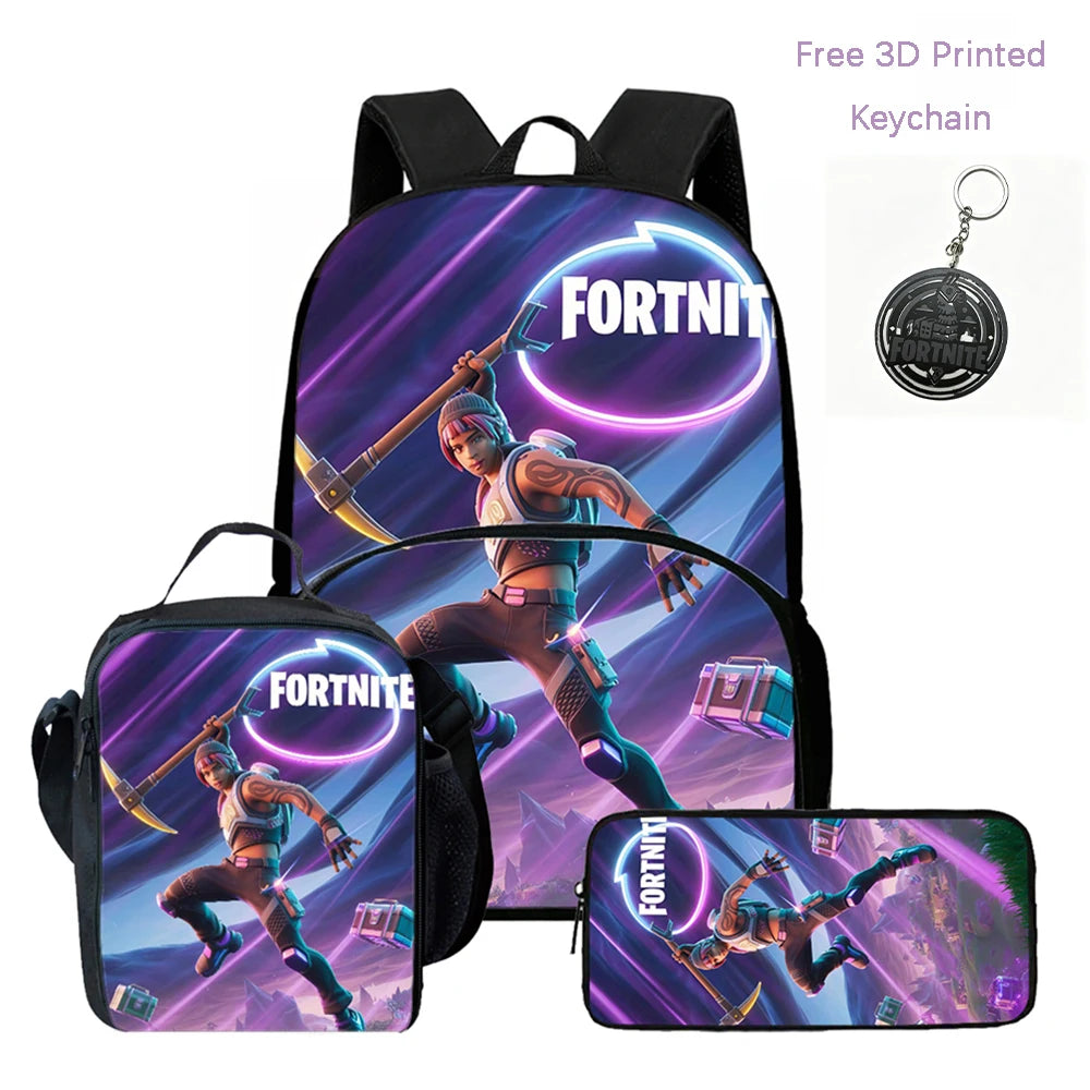 Lightweight FORTNITE 3Pcs Backpack With Front Pocket Lunch Bag Pencil Bag Free 3D Printed Keychain For Boys Girls Kids Aged 5-10