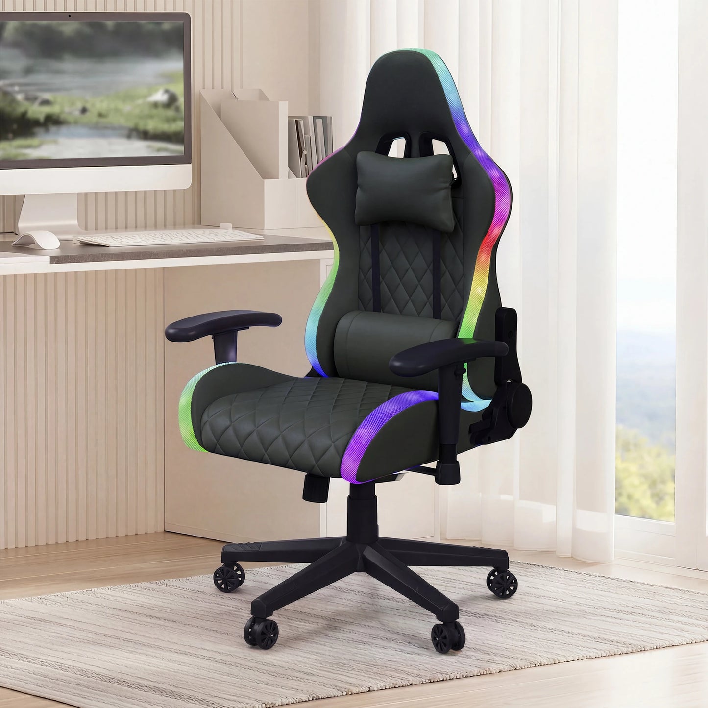 Fangange Gaming Chair with Massage Function, Adjustable backrest, Computer Chair, with ambient light, Lumbar Cushion, Pillow, 150 KG