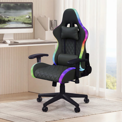 Fangange Gaming Chair with Massage Function, Adjustable backrest, Computer Chair, with ambient light, Lumbar Cushion, Pillow, 150 KG