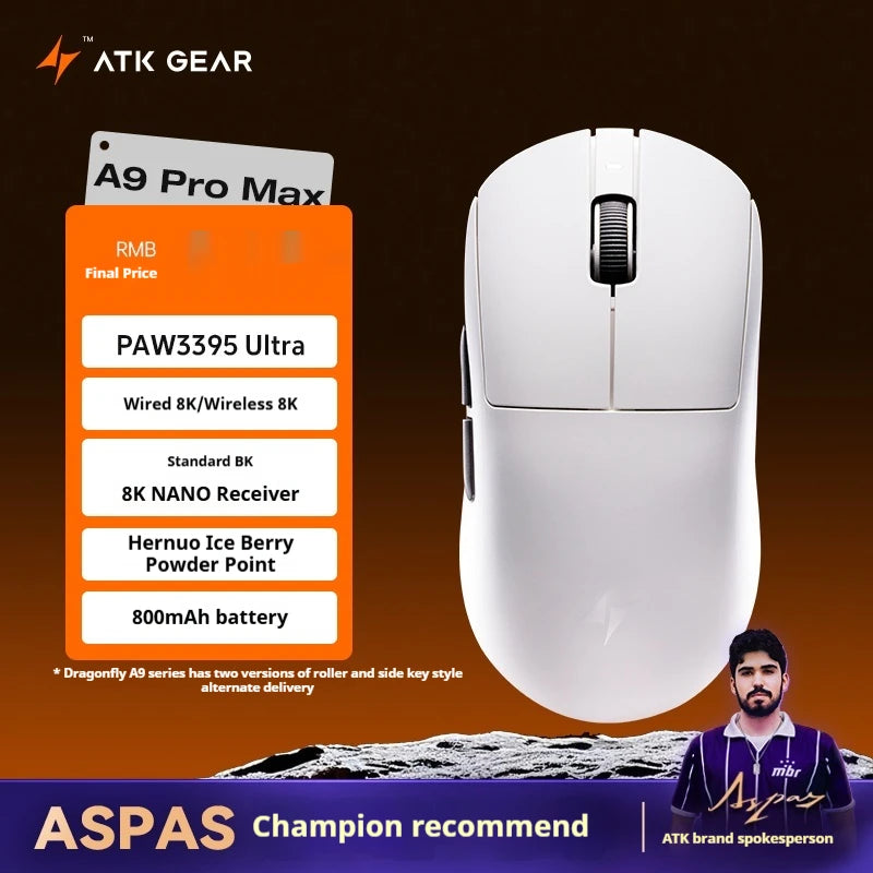 ATK A9 Ultra Wireless Gaming Mouse Tri-Mode 8K, 53g Lightweight Gaming Mouse with Bluetooth, 2.4GHz & Wired, Esports Mouse for PC