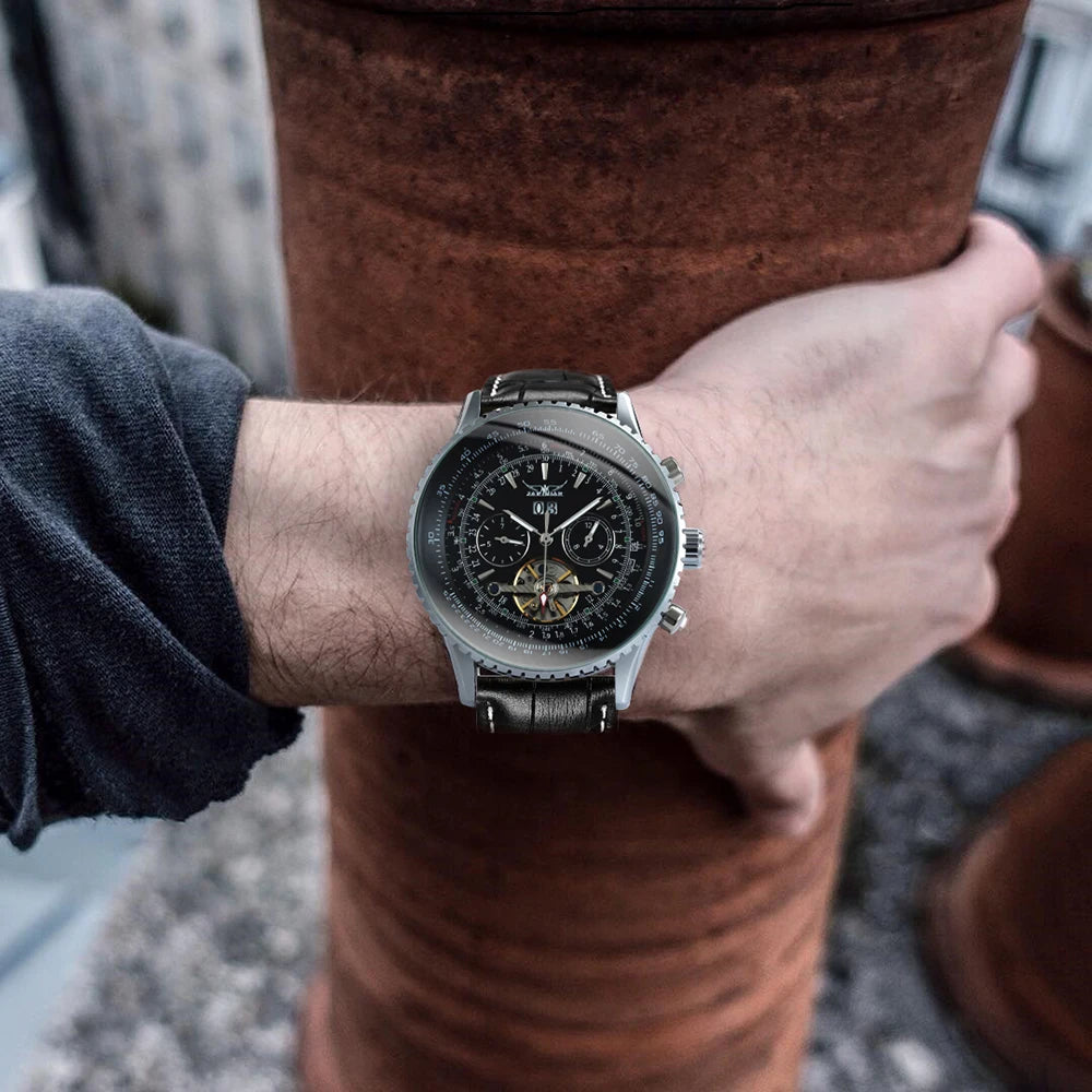 Jaragar Military Sports Automatic Watch for Men Multifunction Dial Tourbillon Skeleton Mechanical Watches Luxury Steel Band Glow
