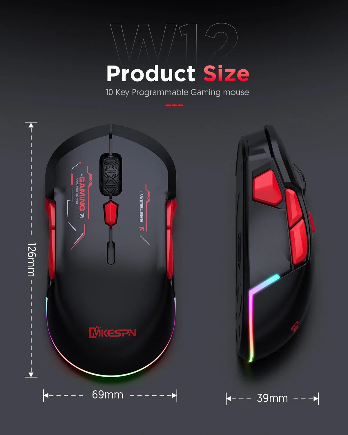 MKESPN W12 10-knappers makro-gamingmus til begge hænder, trådløs Bluetooth, multikanal, tri-mode, stor RGB, ergonomisk og ambidekstral