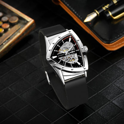 WINNER High Quality Watch for Men Triangle Steel Skeleton Mechanical Automatic Movement Clockwork Waterproof Rubber strap Wrist