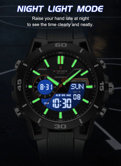NAVIFORCE Men's Watch Dual Display 50M Waterproof Countdown Chronograph Alarm Clock Male Fashionable Sports Wristwatch NF7135