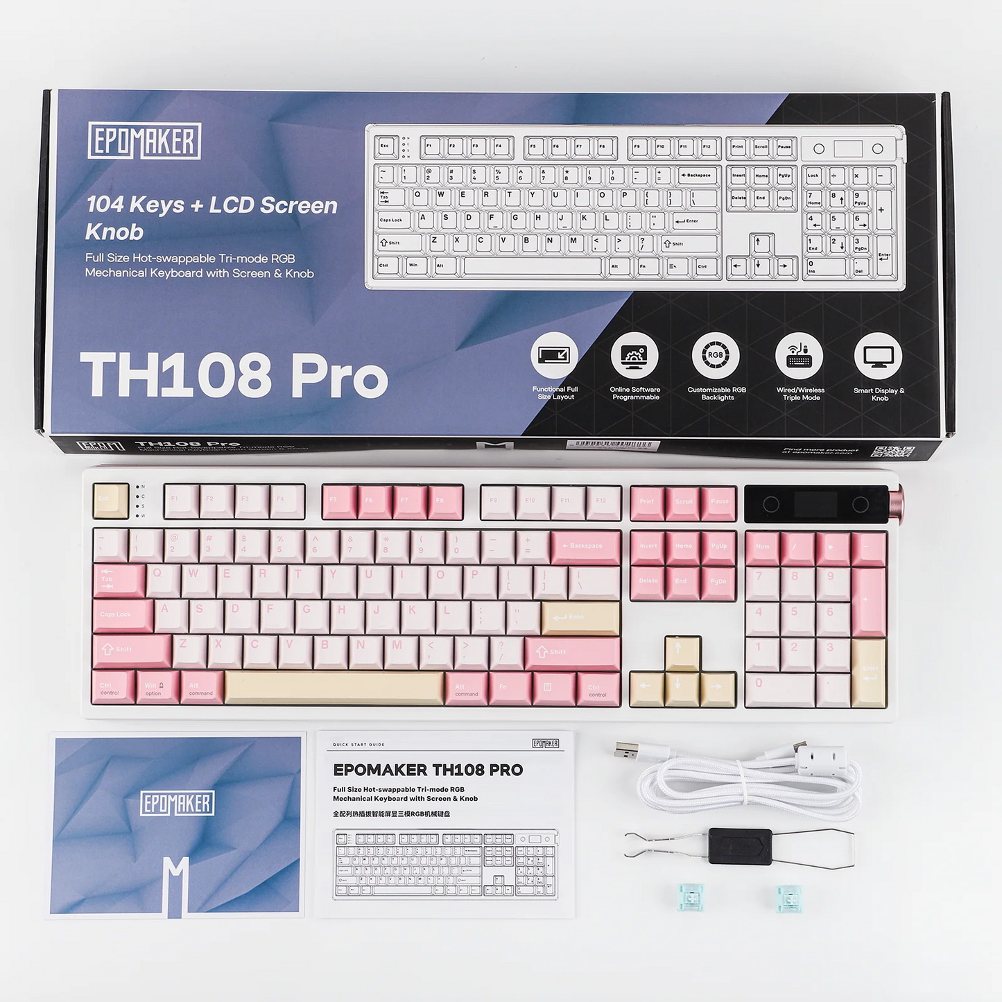 EPOMAKER TH108 PRO 100% Full-Sized Gasket-Mounted Wired/BT/2.4Ghz Wireless Mechanical Keyboard with Screen & Knob RGB Backlight