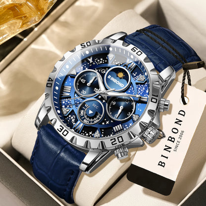 Montre-bracelet à quartz BINBOND authentique et précise pour homme, chronographe lumineux étanche de luxe avec bracelet en cuir.