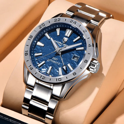 Pagani Design Men's Luxury GMT Automatic Watch Stainless Steel Case Sapphire Glass 100m Waterproof Mechanical Business Watch