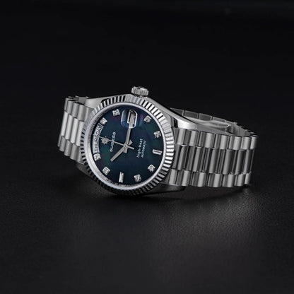 Sugess 36mm Mens of Watch Automatic Dandong Peacock SL3034 Day Movement Sapphire Glass 100m Waterproof Wristwatches MOP Date New