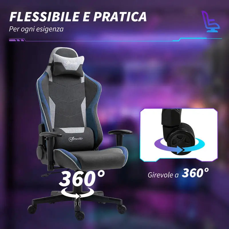 Gaming Chair Reclining 150 ° with Rocking Function, in Linen Effect Fabric, 66X53X128-138 Cm, Gray