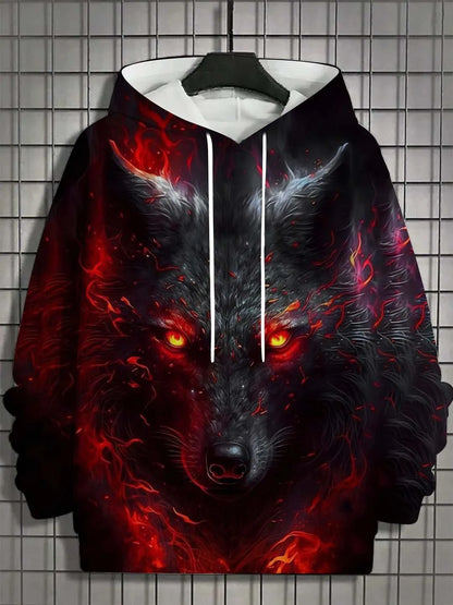 2025 Fashion Men's Autumn Wolf Printed Comfortable Soft Hooded Sports Shirt Outdoor City Street Top
