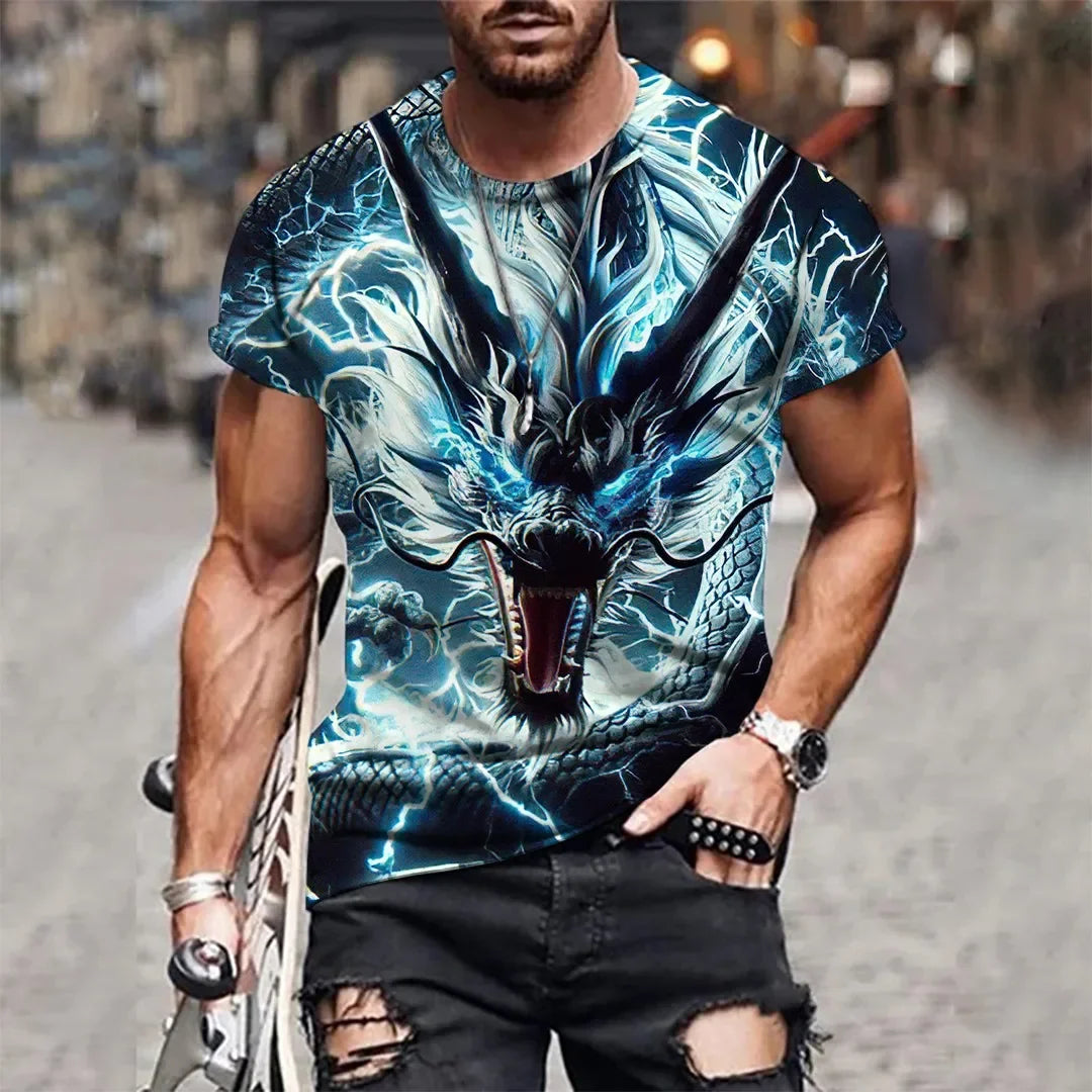 Summer New Men's O-neck T-shirt Flame Magic Dragon 3D Print Casual Breathable Lightweight Versatile Design Short Sleeve Menswear