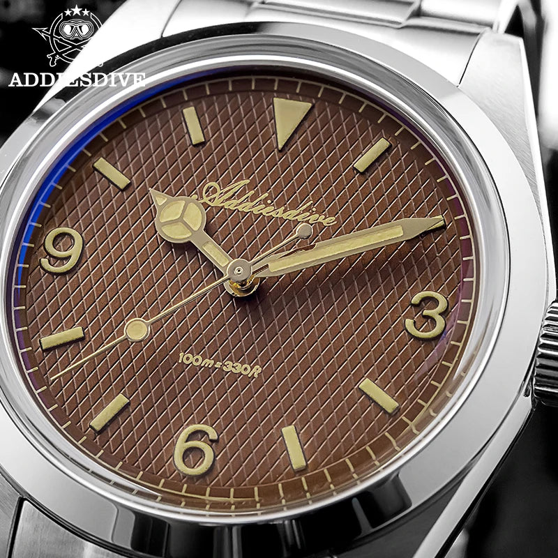 ADDIESDIVE New Men's Analog Watch Bubble Mirror Glass 100m Luminous Men's Quartz Watches with Stainless Steel Bracelet AD2096