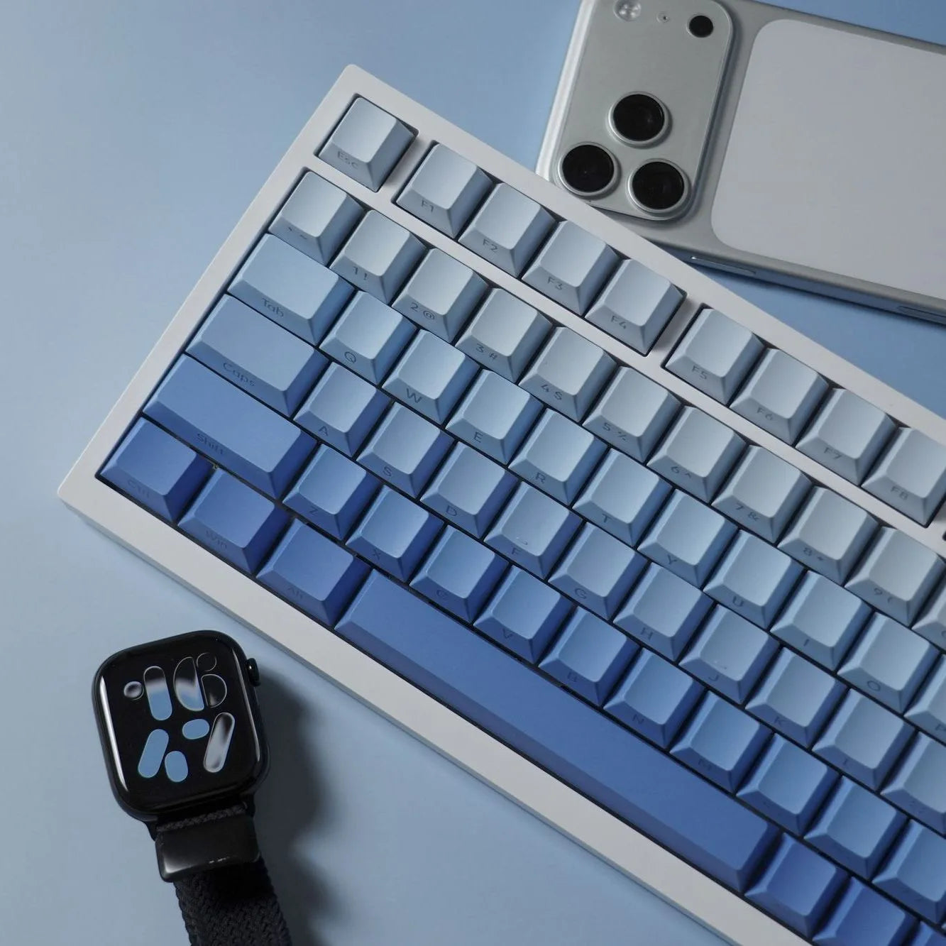 Keycaps com impressão lateral, 134 teclas, perfil Cherry, gradiente branco e azul, PBT, teclas para teclado mecânico gamer AULA f75 Wooting