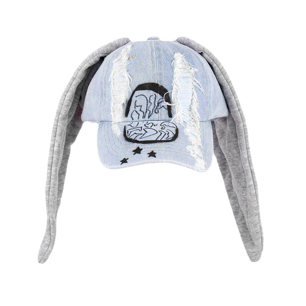 New MinJi Haerin OMG Stage Long Rabbit Ear Hat Y2K Style Denim Blue Baseball Cap Fashion Hip-Pop Cap Couple Birthday Gifts