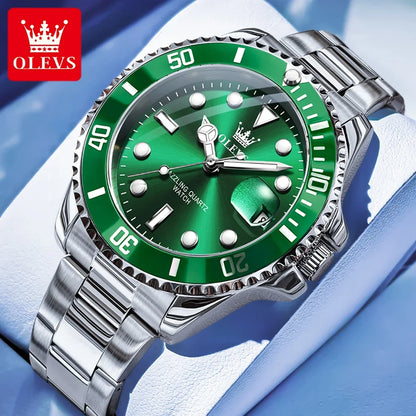 Montre pour homme OLEVS 5885 – Modèle authentique, bracelet en acier, calendrier, mouvement à quartz, livrée dans un coffret cadeau de luxe