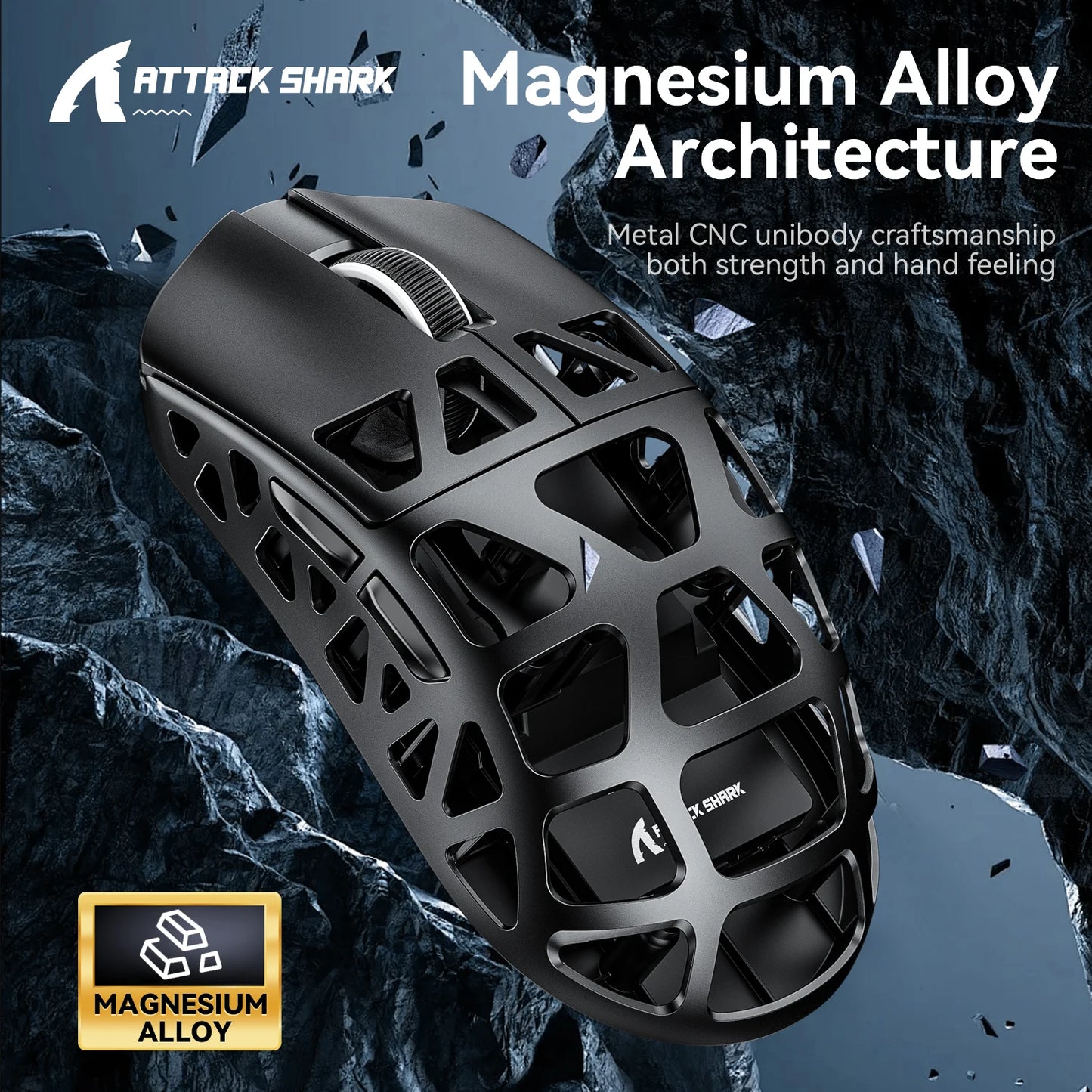 Mouse gaming ATTACK SHARK R3 din aliaj de magneziu cu design tip fagure, ultra-ușor, 8K Hz, senzor PAW3395, 26000 DPI, carcasă ergonomică