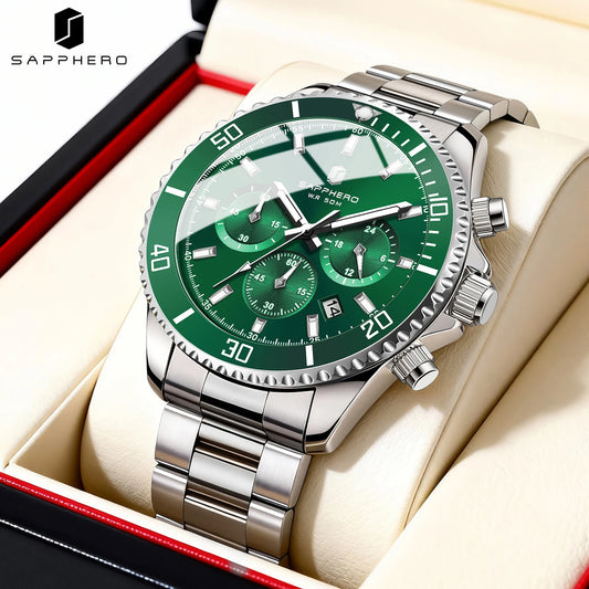 SAPPHERO Men’s Quartz Watch Luxury Chronograph Sport Wristwatch Stainless Steel Waterproof 50M Date Luminous Business Watch