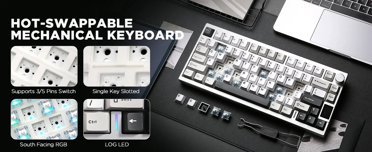 YUNZII AL80 Silver Wireless Mechanical Keyboard, Full Aluminum CNC Custom QMK/VIA Gaming Keyboard, LCD Display Hot Swap Keyboard