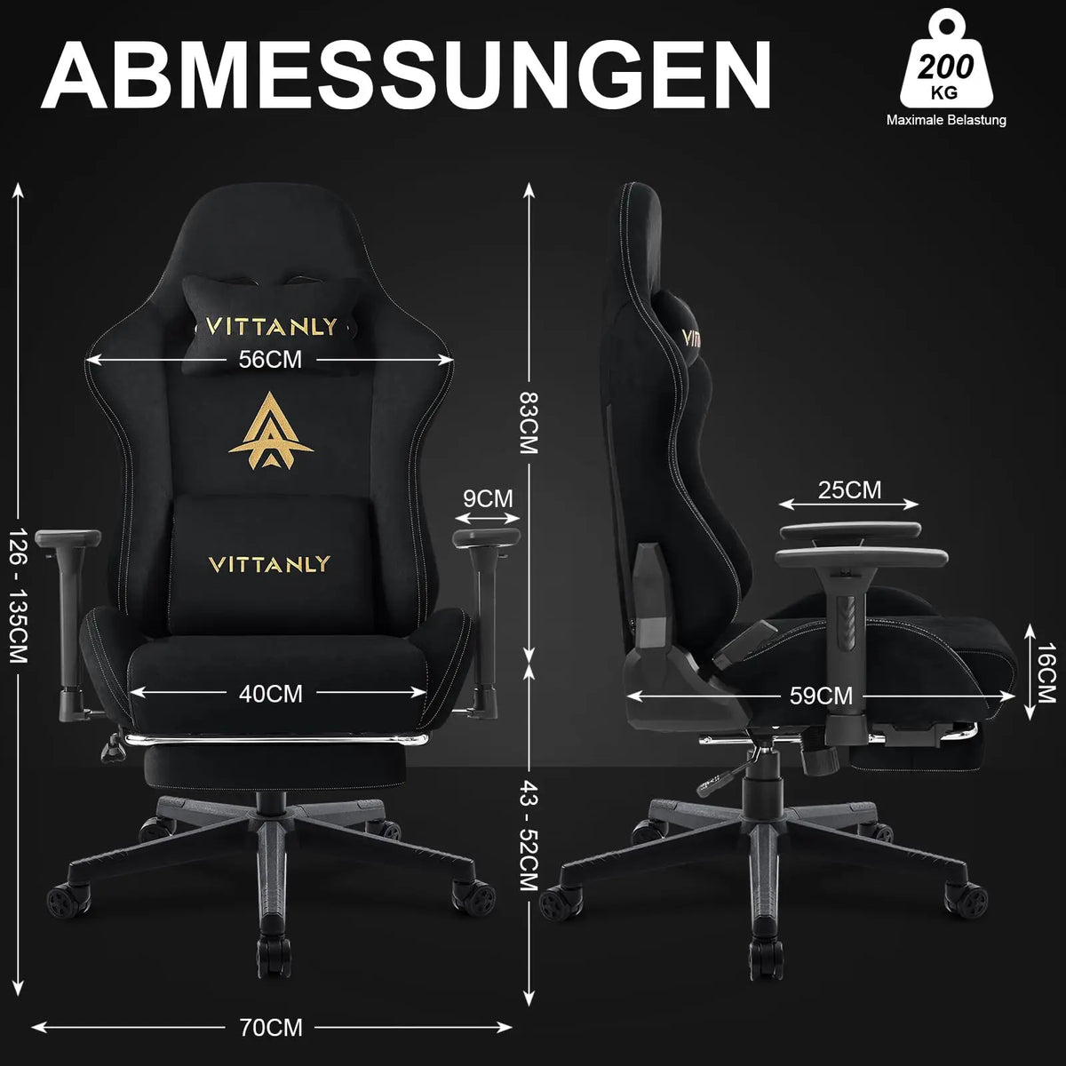 Vittanly Gaming Chair Ergonomic Office Chair with Footrest, Breathable Fabric Adjustable Rotating Computer Chair with 3D Armrests for Gaming & Work