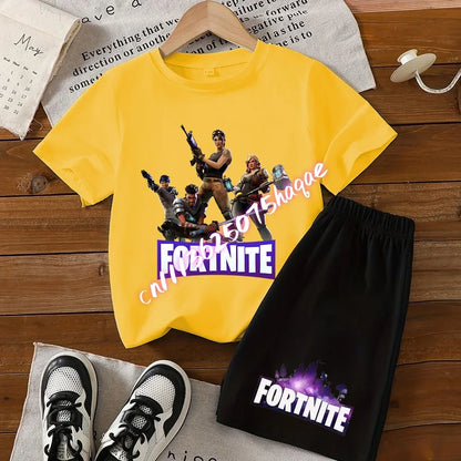 2026 New Fortnite Kids Pure Cotton Short-Sleeved Set with Cartoon Print Boys' Sport Shirt Casual Top Summer T-Shirt 2 Pieces