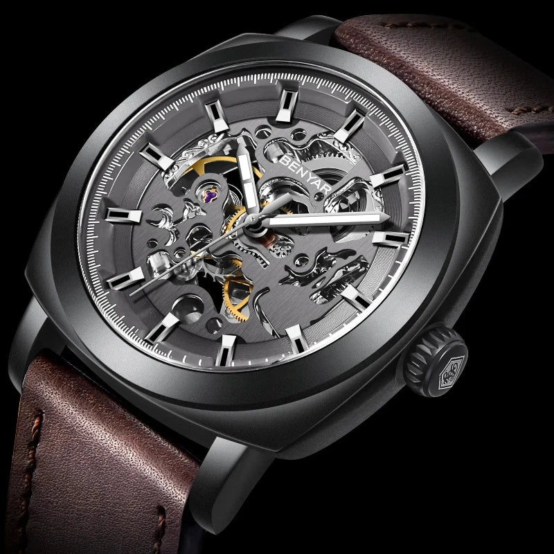 BENYAR Watch for Men Luxury Skeleton Tourbillon Automatic Mechanical Men's Watch 30M Waterproof Leather Strap Sports Reloj Hombre