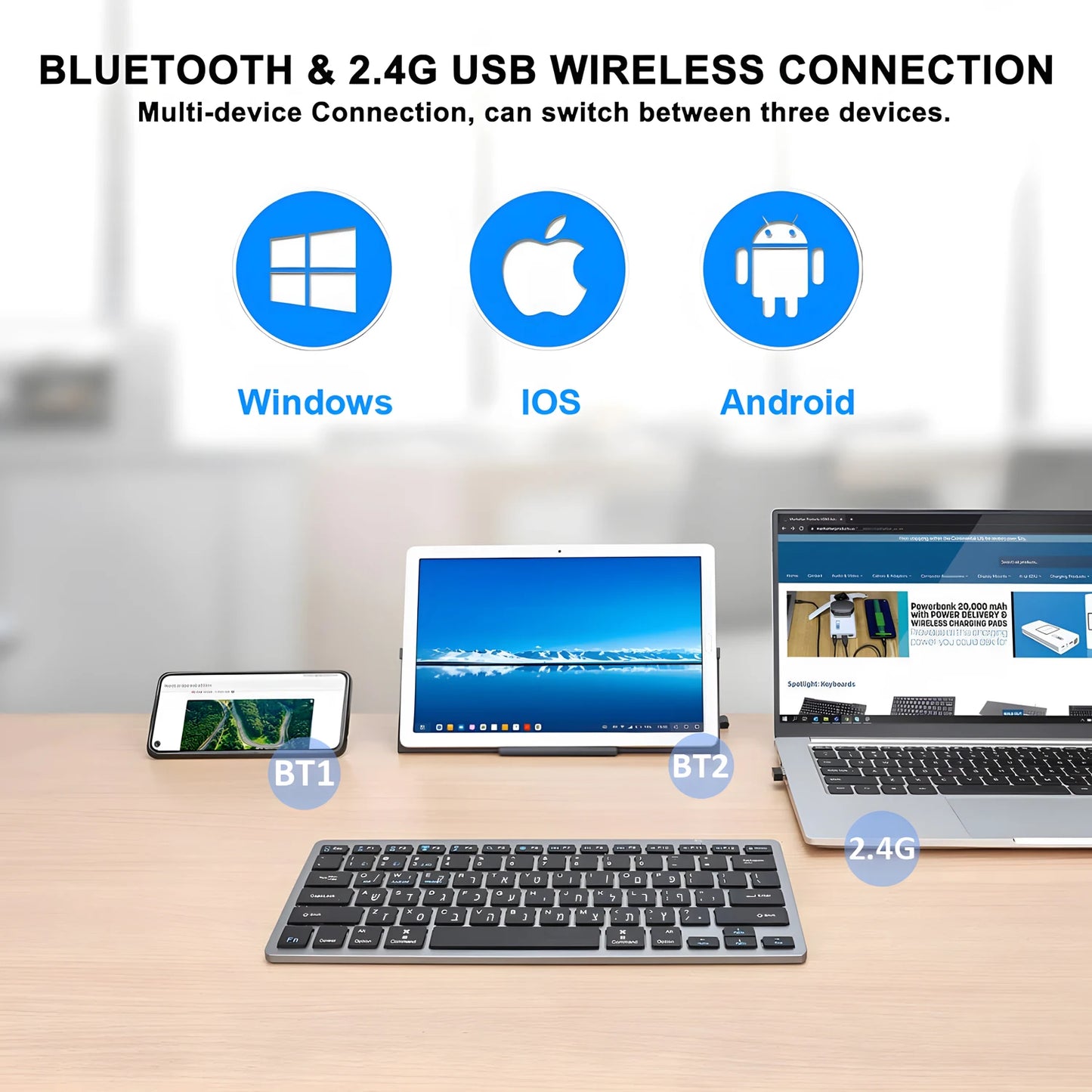 Teclado hebreo ultraslim Bluetooth y 2.4G de doble modo para Israel, teclado inalámbrico de bajo ruido para iOS, iPad, tabletas Android y Windows