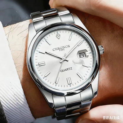 CHRONOS men’s wristwatch – Luxury brand, water-resistant, luminous, with date display, made of stainless steel, quartz movement.