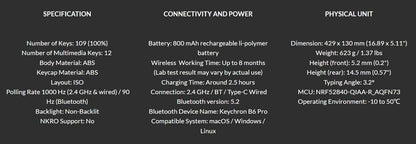Teclado inalámbrico ultrafino Keychron B6 Pro con distribución ISO, tamaño completo, portátil y ligero, conexiones 2.4GHz y Bluetooth