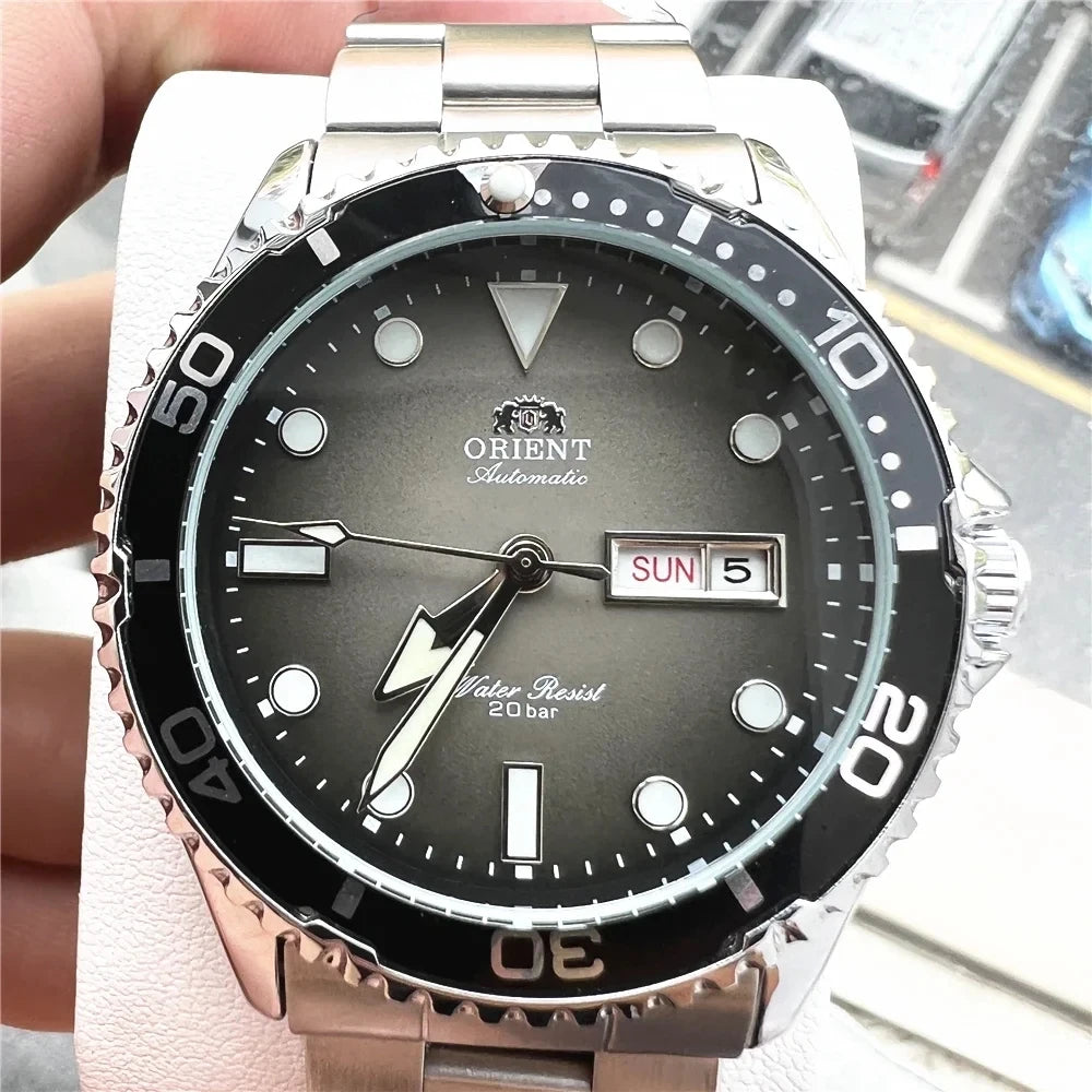 Orient Men's 200M Waterproof Automatic Dive Watch Dial Stainless Steel Bracelet Day Date Self-Winding Luminous Wristwatch