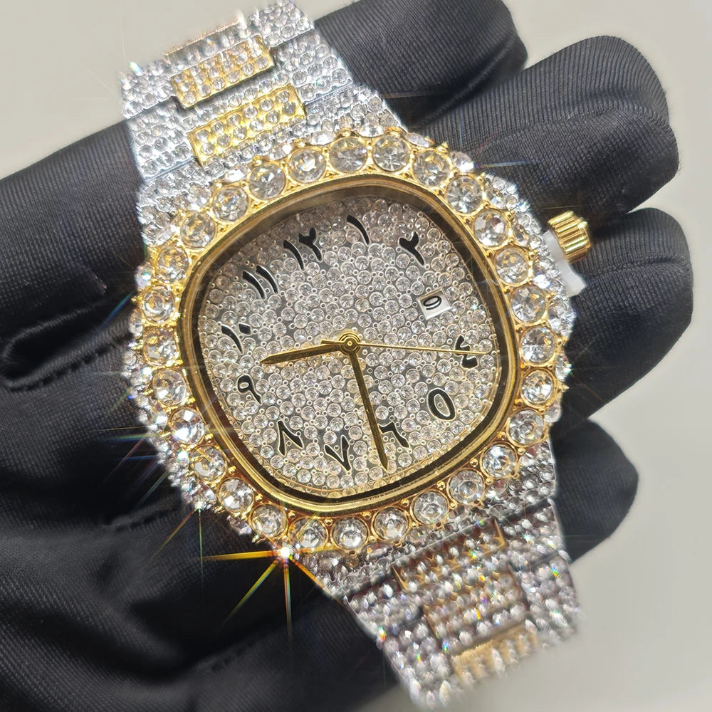 Luxury Brand Men Quartz Watch Fashion Square Hip Hop Diamond Out Sparkling Jewelry Waterproof Stainless Steel Wristwatch Man New