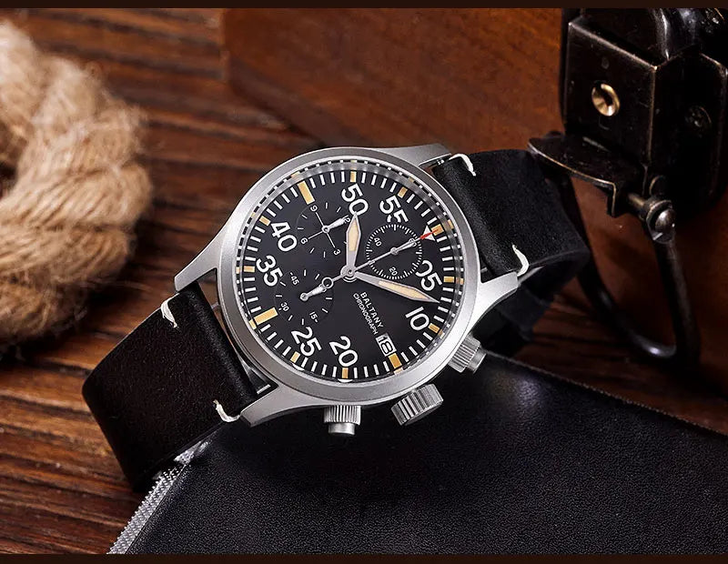 Baltany Quartz Chronograph S5045 Sunburst Blue Dial VK67 100M Stainless Steel Calendar Window Sapphire Vintage Military Watches