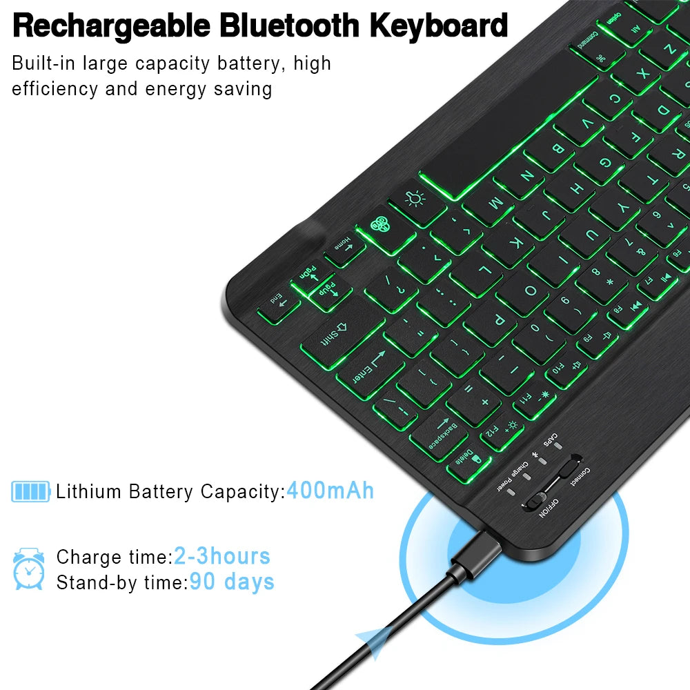 10inch Backlight Bluetooth Keyboard Mouse For IOS Android Windows, Backlit Keyboard For iPad, Wireless Keyboard For Samsung Tablet