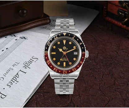 San Martin 40mm SN0005 Retro GMT NH34 Automatic Distressed Patina Dial Bi-color Sapphire Bezel Jubilee Mens Watches 20Bar Lume
