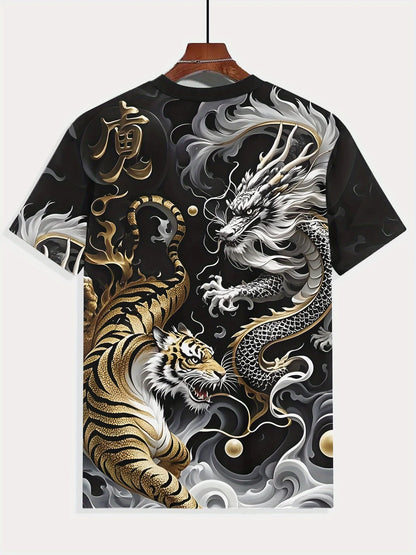 Men's Summer Graphic Tee Dragon & Tiger Duel Design Casual Short Sleeve T-shirt 2025 Fashion Casual O-Neck Shirt