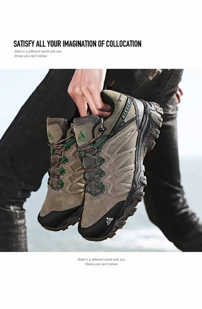 HIKEUP High-Quality Leather Hiking Shoes, Durable Outdoor Sport Men Trekking Leather Shoes, Lace-Up Climbing Hunting Sneakers
