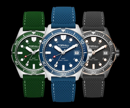 Tophill 39.5mm Automatic NH34 GMT Watch Swim 3H Date Window Mechanical C3 Green Lume 100M Waterproof Sapphire Crystal TD011G