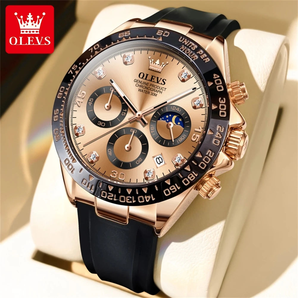 Montre à quartz pour homme OLEVS 2875 – Chronographe de marque de luxe, bracelet en silicone, date automatique, étanche, phase de lune, style sportif