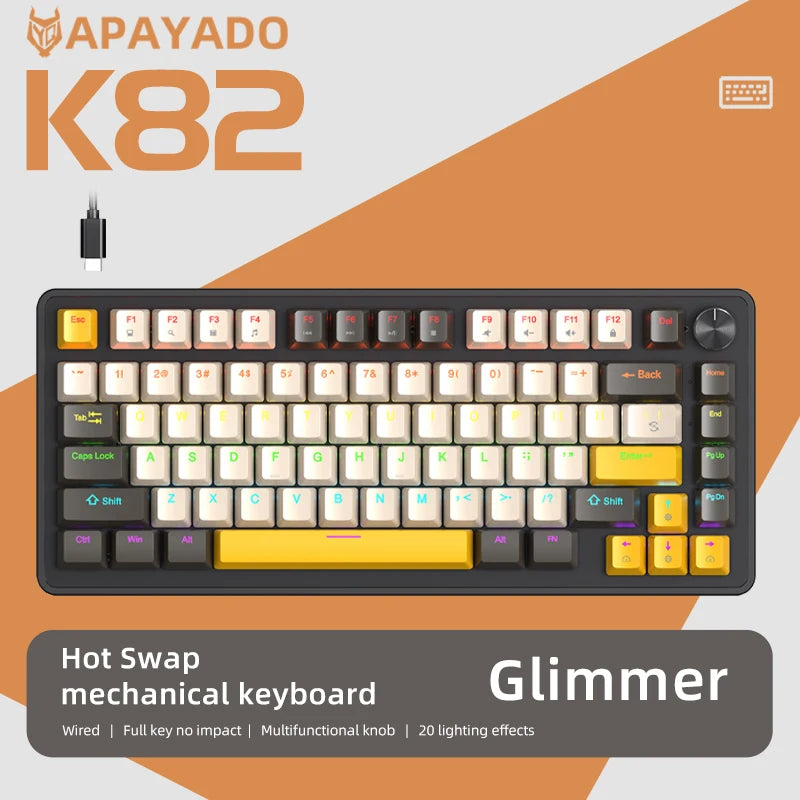 APAYADO 75% Mechanical Keyboard Wired Gaming Keyboard with Media Knob, Hot-Swappable RGB Backlit 82-Key Mechanical Keyboard for PC & Laptop