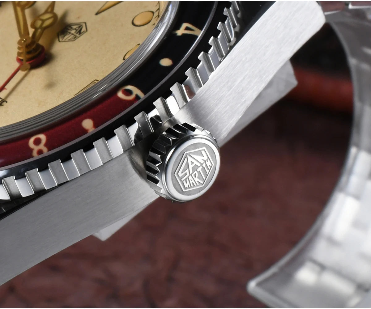 San Martin 40mm SN0005 Retro GMT NH34 Automatic Distressed Patina Dial Bi-color Sapphire Bezel Jubilee Mens Watches 20Bar Lume