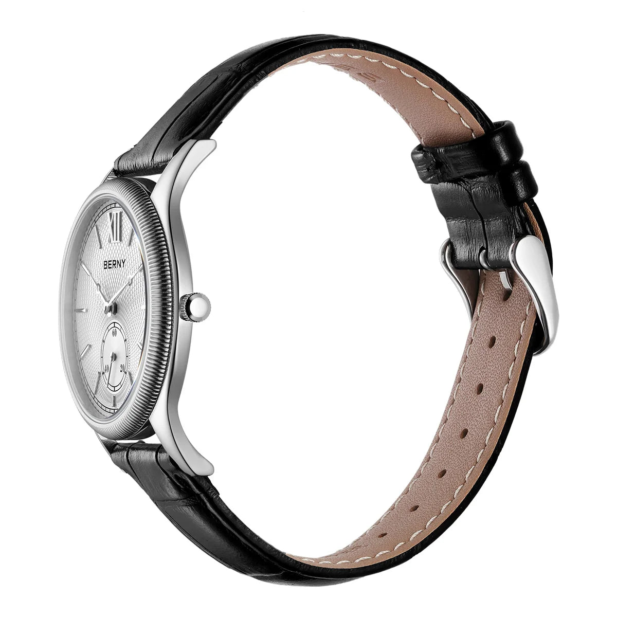 BERNY Men's Watches Luxury Classic Stylish Dress Quartz Watch Slim Stainless Steel Case Elegance Leather Strap Wristwatch