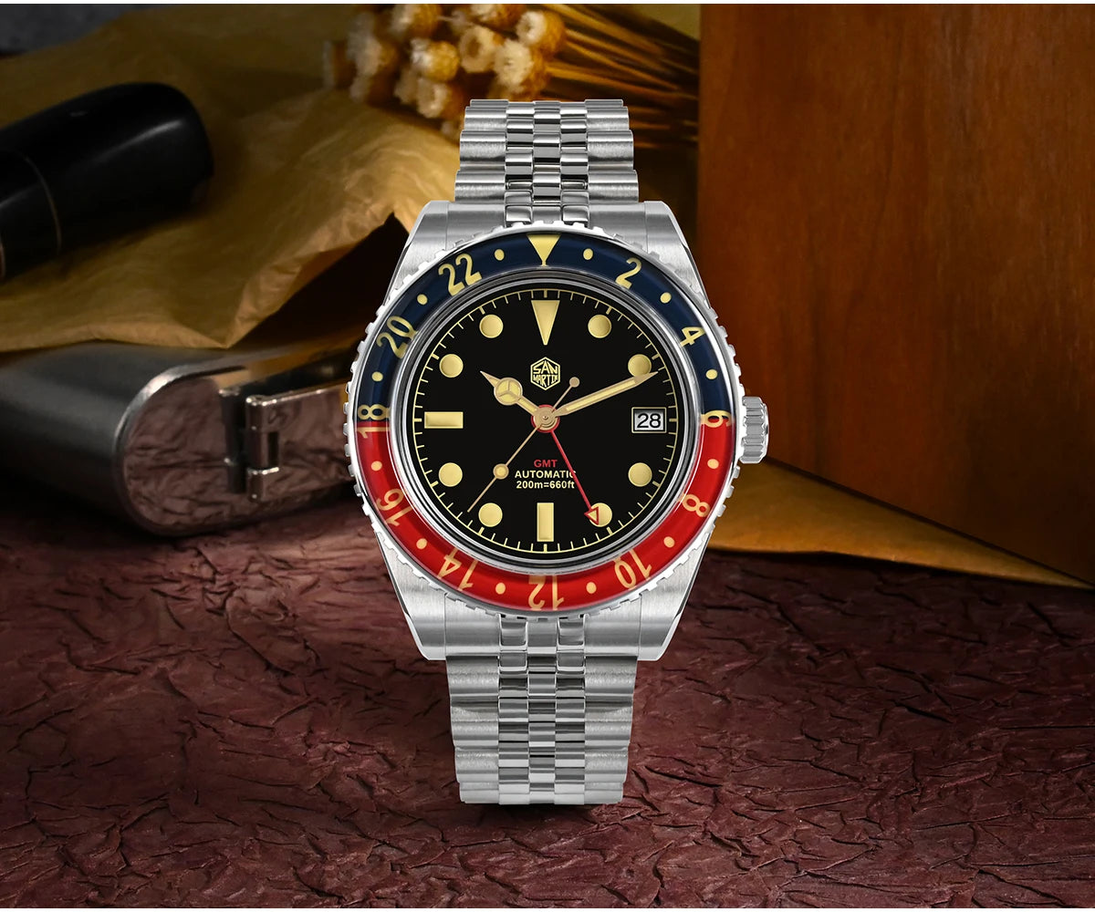 San Martin 40mm SN0005 Retro GMT NH34 Automatic Distressed Patina Dial Bi-color Sapphire Bezel Jubilee Mens Watches 20Bar Lume