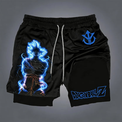 Miesten kaksikerroksiset Dragon Ball -shortsit, Son Goku, kesä, japanilainen anime, feikki-kaksiosaiset urheilu- ja fitness-shortsit, nopeasti kuivuvat