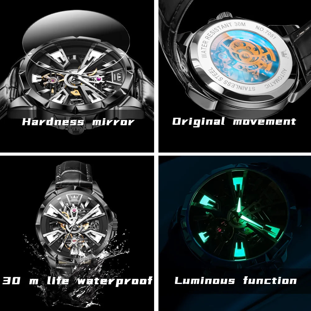 OLEVS 7051 Fashion Men's Watch Leather Strap 30M Waterproof Hollow HD Luminous Automatic Mechanical Wristwatch for Men