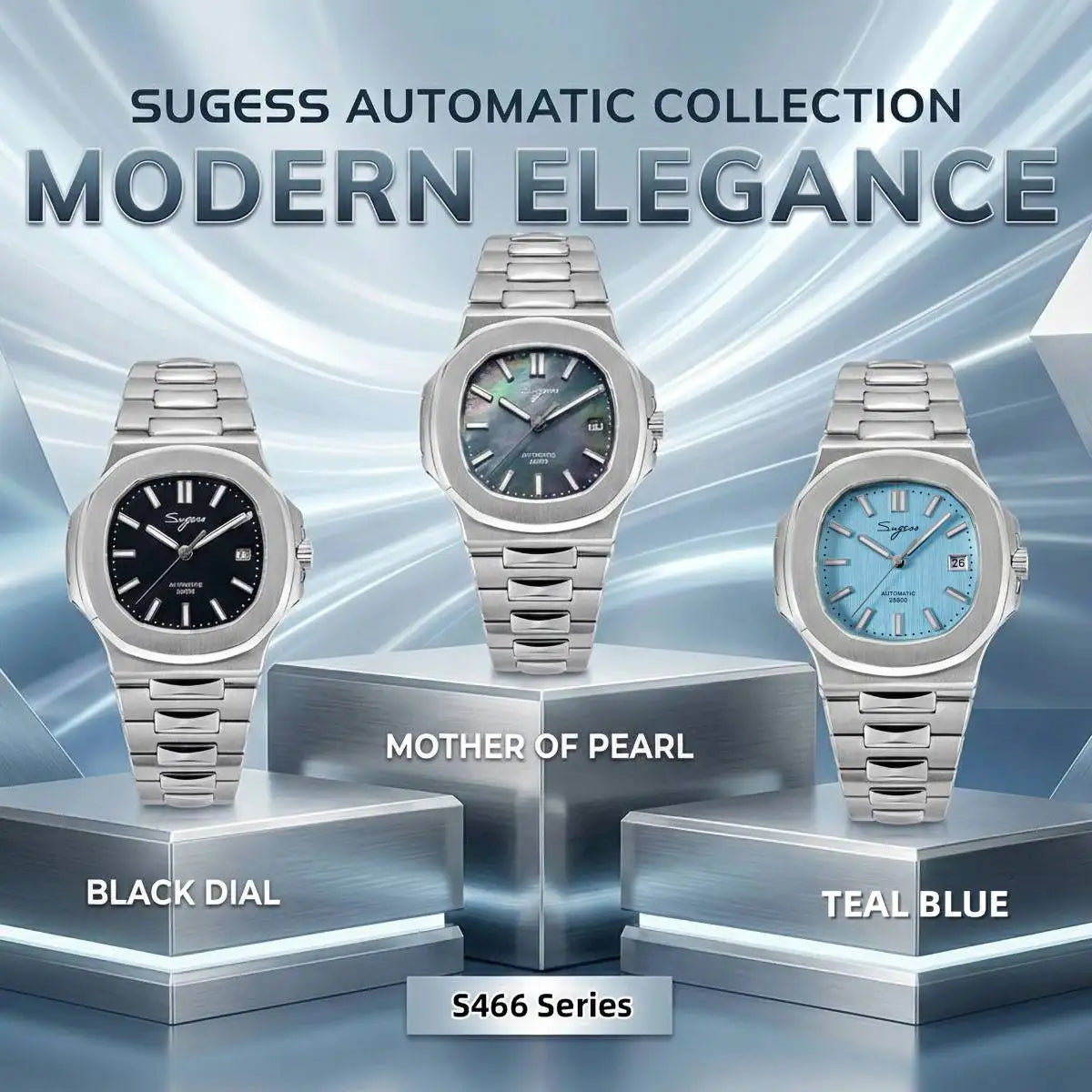 Orologio da uomo Sugess automatico meccanico, movimento Miyota 9015, quadrante MOP, luminoso, impermeabile 5bar, bracciale di lusso S466