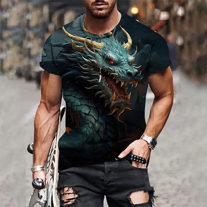 Summer New Men's O-neck T-shirt Flame Magic Dragon 3D Print Casual Breathable Lightweight Versatile Design Short Sleeve Menswear
