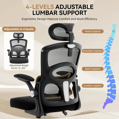 Ergonomic High-Back Mesh Chair Adjustable Headrest Lumbar Support 360° Swivel Rolling Computer Gaming Chairs for Home Office